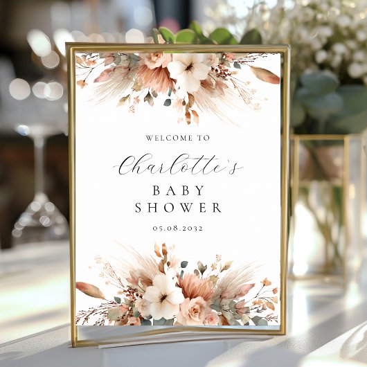 Boho-Blumen-Pampasgras-Rose-Weiß-Willkommen Poster