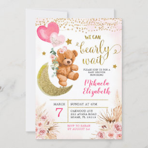 Boho-Blumen-Pink-Bearly-Wait-Baby-Shower-Einladung Einladung