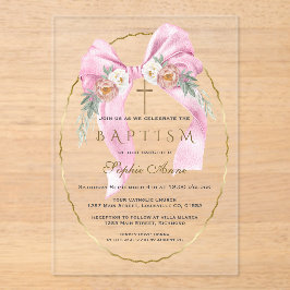 Boho Blumen Rosa Schleife Mädchen Taufe Transparen Acryleinladungen