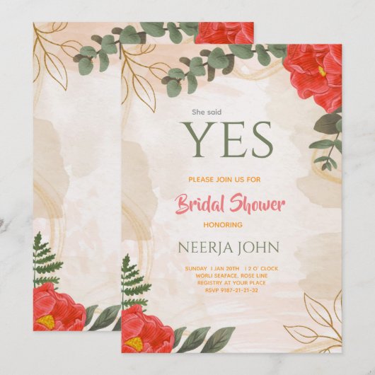 Boho Blumen Rot Grün Minimalistisch Save The Date (Vorne/Hinten)