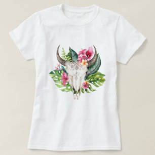 Boho-Blumen-Schädel Teal Tropisches Inselparadies  T-Shirt