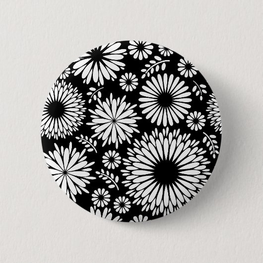 Boho-Blumen Schwarz-Weiß-Vektor-Blumenmuster Button (Vorderseite)
