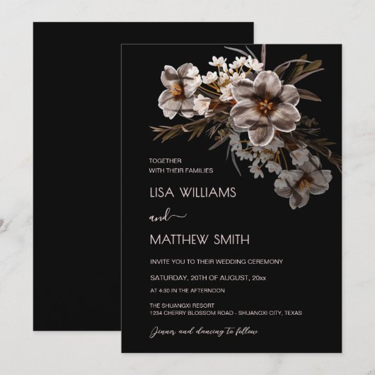 Boho-Blumen schwarzer Hintergrund Einladung (Vorne/Hinten)