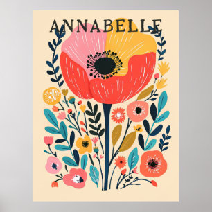 Boho-Blumen-Skandinavische-Illustration Vorname Poster