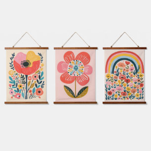 Boho Blumen Skandinavische Süße Illustration Wandteppich Mit Holzrahmen