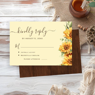 Boho-Blumen-Sonnenblumen-Barn-Wood-Hochzeit RSVP Karte