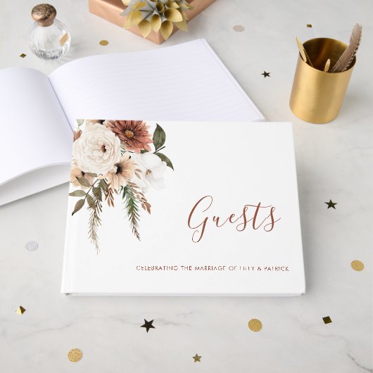 Boho-Blumen-Terrakotta-Hochzeit Gästebuch (Vorderseite Offen)