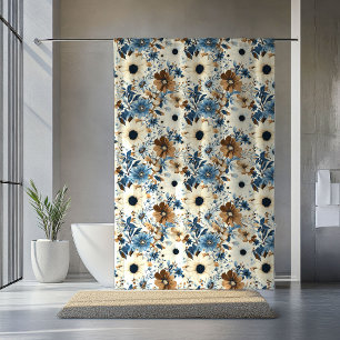 Boho-Blumen-Vorhang in Blautönen und Braun Duschvorhang