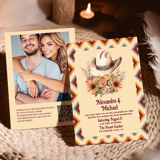 Boho-Blumen-Western-Hochzeit qr-code Einladung