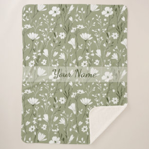 Boho-Blumen-Wildblumen-Sagegrün-Personalisiert Sherpadecke