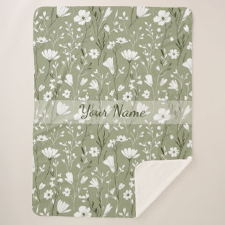 Boho-Blumen-Wildblumen-Sagegrün-Personalisiert Sherpadecke
