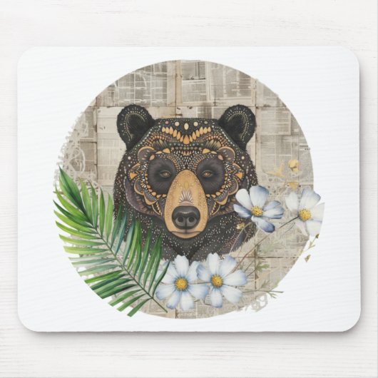 Boho-Blumenbär auf Vintage-Papier Mousepad (Vorne)