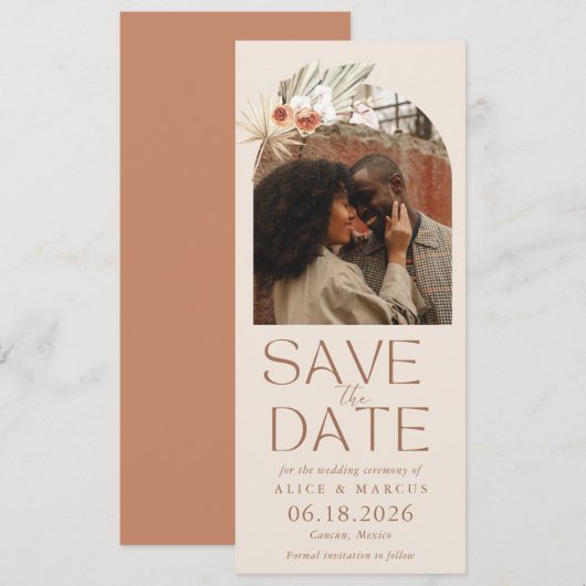 Boho-Blumenbogen-Hochzeitsfoto Save The Date (Vorne/Hinten)