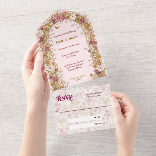 Boho-Blumenbogen romantische Hochzeit Boho All In One Einladung (Abreißen)