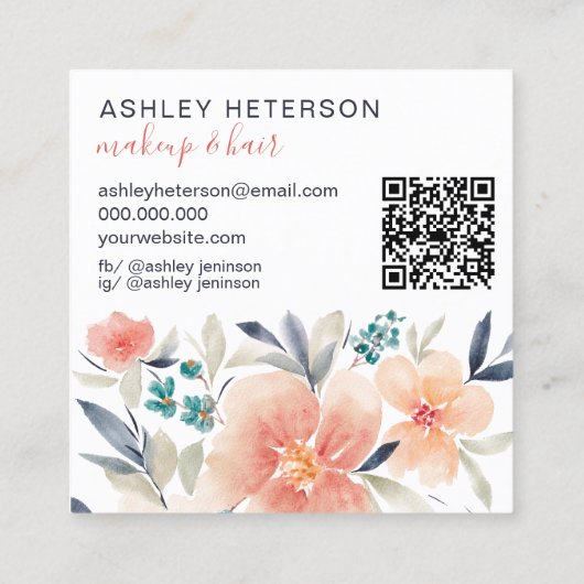 Boho Blumenchic Qr-Code-Logo Haarschminke Quadratische Visitenkarte (Rückseite)