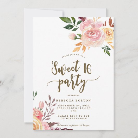 Boho Blumenfeder Sweet 16 Einladung (Vorderseite)