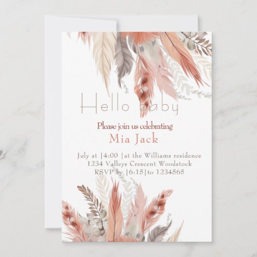 Boho Blumengras Babydusche Einladung (Vorderseite)