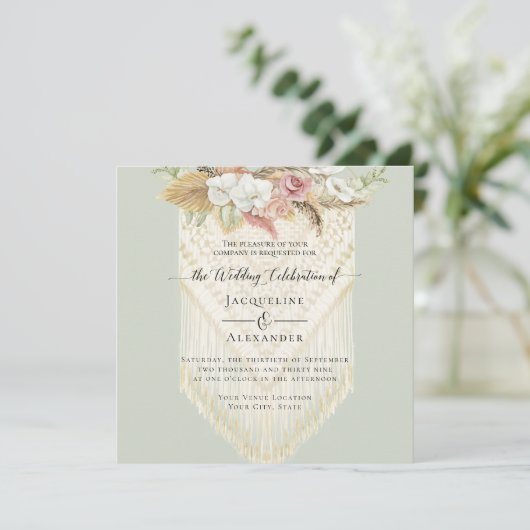 BOHO Blumengrün Pampas Grass Mint Wedding Einladung (Stehend Vorderseite)