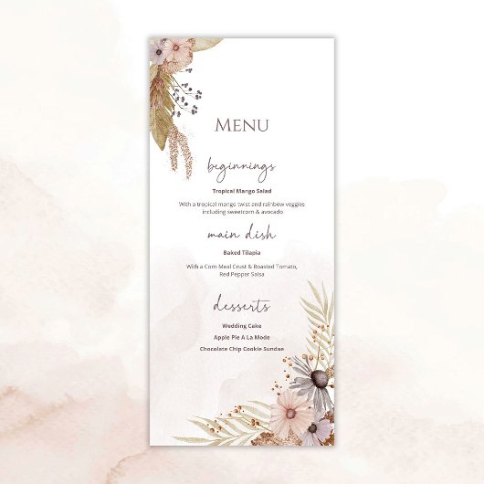 Boho-Blumenhochzeitsmenü Menükarte