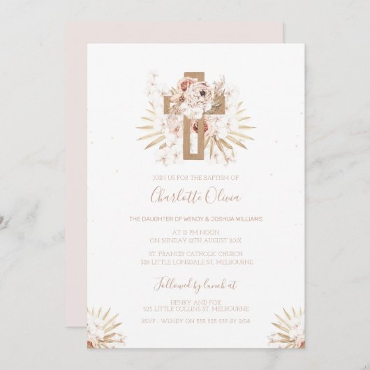 Boho Blumenholz Taufe Einladung (Vorne/Hinten)