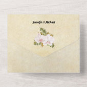 Boho blumenorchid grüner Rahmen rustikal All In One Einladung (Rückseite)