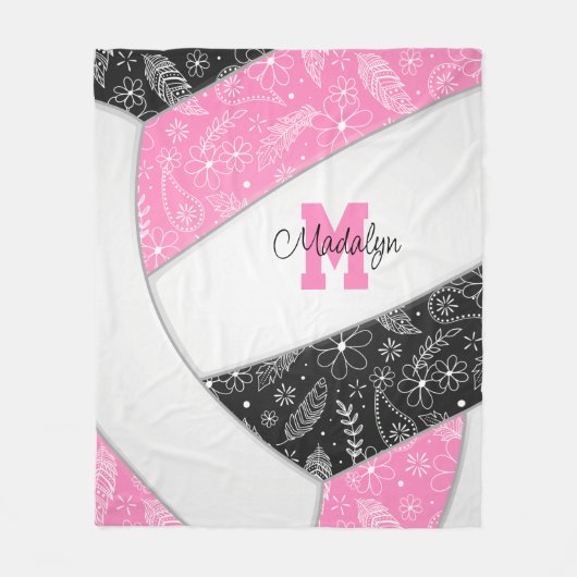 Boho Blumenpaisley Federn rosa schwarzer Volleybal Fleecedecke (Vorderseite)