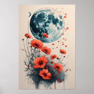 Boho Blumenrahmen mit blauem Mond: Aquarell Poster