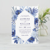 Boho-Blumenstrauß Blaue Elegante QR-Code-Hochzeit Einladung (Stehend Vorderseite)