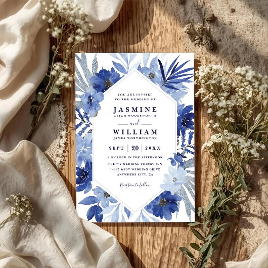 Boho-Blumenstrauß Blaue Elegante QR-Code-Hochzeit Einladung