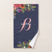 Boho Blumenstrauß - Marine-Blau u. rosa Monogramm Badhandtuch Set (Handtuch)