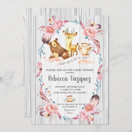 Boho Blumenwaldtier-Babyparty-Mädchen Einladung (Vorne/Hinten)