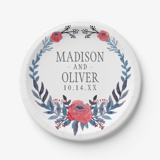 Boho Blumenwatercolor-Rote Rosen Wedding | Pappteller (Vorderseite)