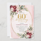 Boho Blush and Gold Burgundy 60th Birthday Card Einladung (Vorderseite)