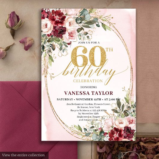 Boho Blush and Gold Burgundy 60th Birthday Card Einladung