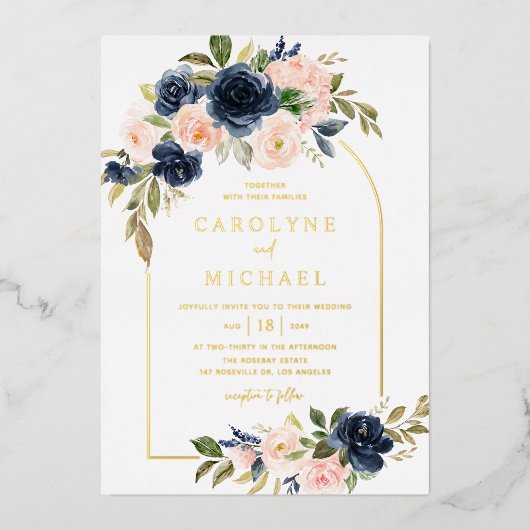 Boho Blush and Navy Blue Floral Arch Wedding Folieneinladung (Vorderseite)