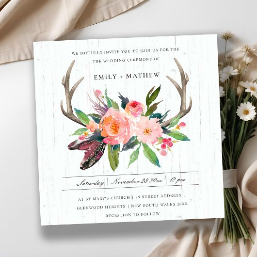 BOHO BLUSH ANTLER FLORAL HOLZLANDWEDDING EINLADUNG