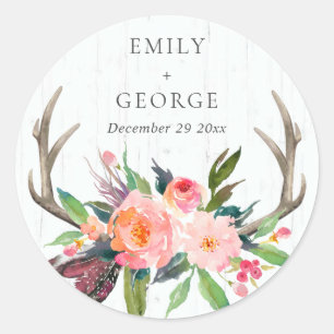 BOHO BLUSH ANTLER FLORAL HOLZLANDWEDDING RUNDER AUFKLEBER