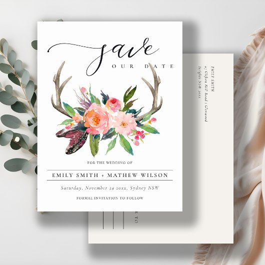 BOHO BLUSH ANTLER FLORALLAND SAVE THE DATE ANKÜNDIGUNGSPOSTKARTE