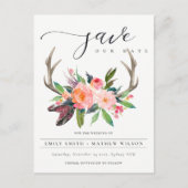 BOHO BLUSH ANTLER FLORALLAND SAVE THE DATE ANKÜNDIGUNGSPOSTKARTE (Vorderseite)