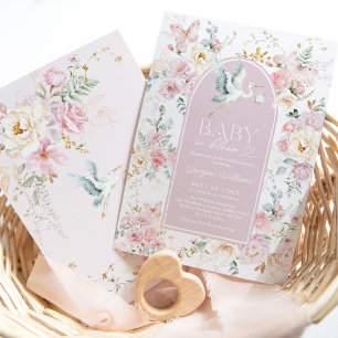 Boho Blush Baby in Bloom Stork Wildblume Dusche Einladung