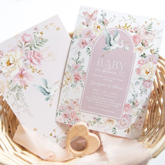 Boho Blush Baby in Bloom Stork Wildblume Dusche Einladung