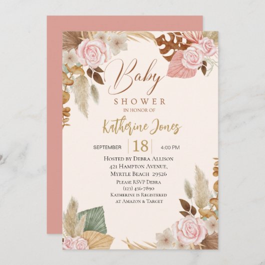 Boho Blush Bloral eucalyptus Baby Dusche Einladung (Vorne/Hinten)
