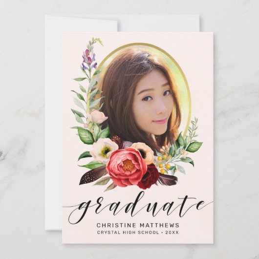 Boho Blush Bloral Foto Black Script Abschluss Ankündigung (Vorderseite)