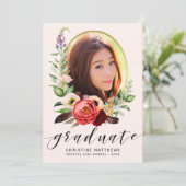 Boho Blush Bloral Foto Black Script Abschluss Ankündigung (Stehend Vorderseite)