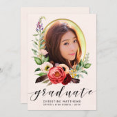 Boho Blush Bloral Foto Black Script Abschluss Ankündigung (Vorne/Hinten)