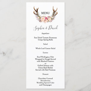 Boho Blush Blume Antlers Wedding Menu Menükarte