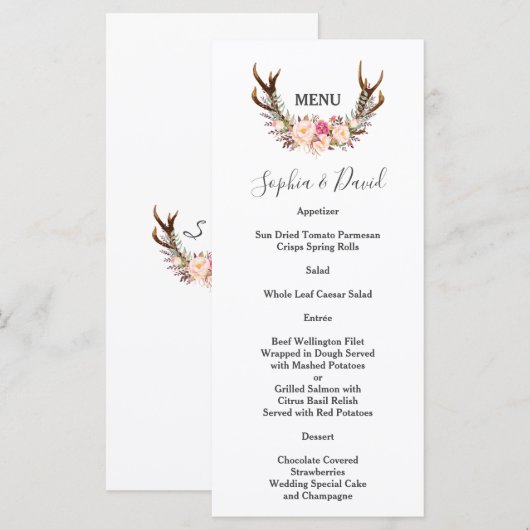 Boho Blush Blume Antlers Wedding Menu Menükarte (Vorne/Hinten)