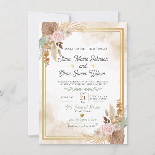 Boho-Blush-Blumenhochzeits-Einladung (Vorderseite)