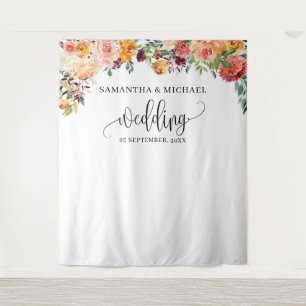 Boho-Blush-Bordeaux-Orangen-Blumen-Hochzeitskuliss Wandteppich