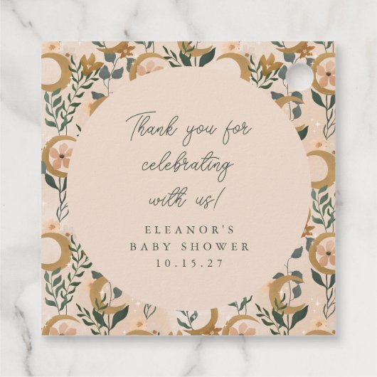 Boho Blush Botanical Moon Custom Baby Dusche Danke Geschenkanhänger (Rückseite)